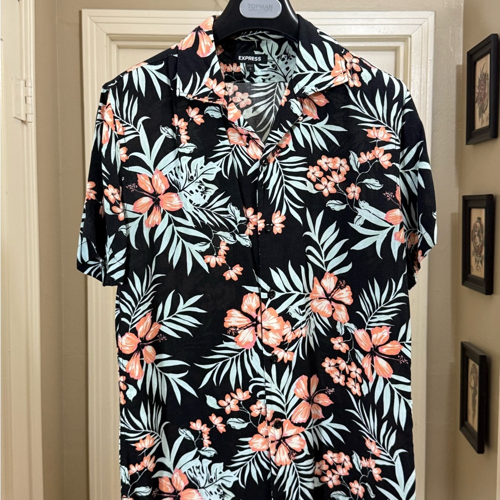 Express Men's Black and Pink Floral Button Down Shirt